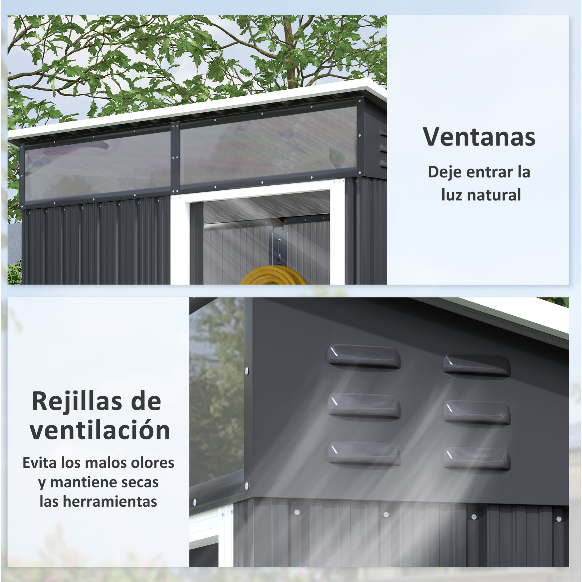 Caseta de Jardín Exterior 1,9m² 195x122x182 cm Cobertizo de Jardín Exterior con Base Refuerzo (Suelo NO Incluido) Puerta Corredera Ventanas Cobertizo para Terraza Patio Gris Oscuro