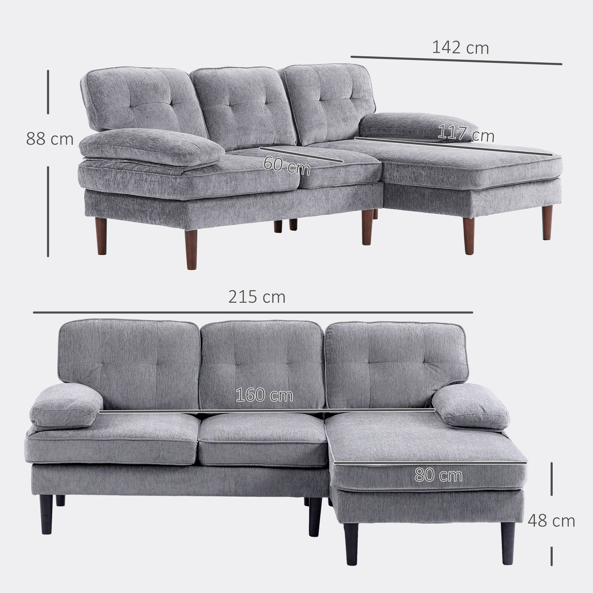 Sofá Esquinero de 3 Plazas Tapizado en Chenilla, Sofá Chaise Longue en Forma de L con Patas de Madera y Reposabrazos, Estilo Moderno, para Salón, 215x142x88 cm, Gris
