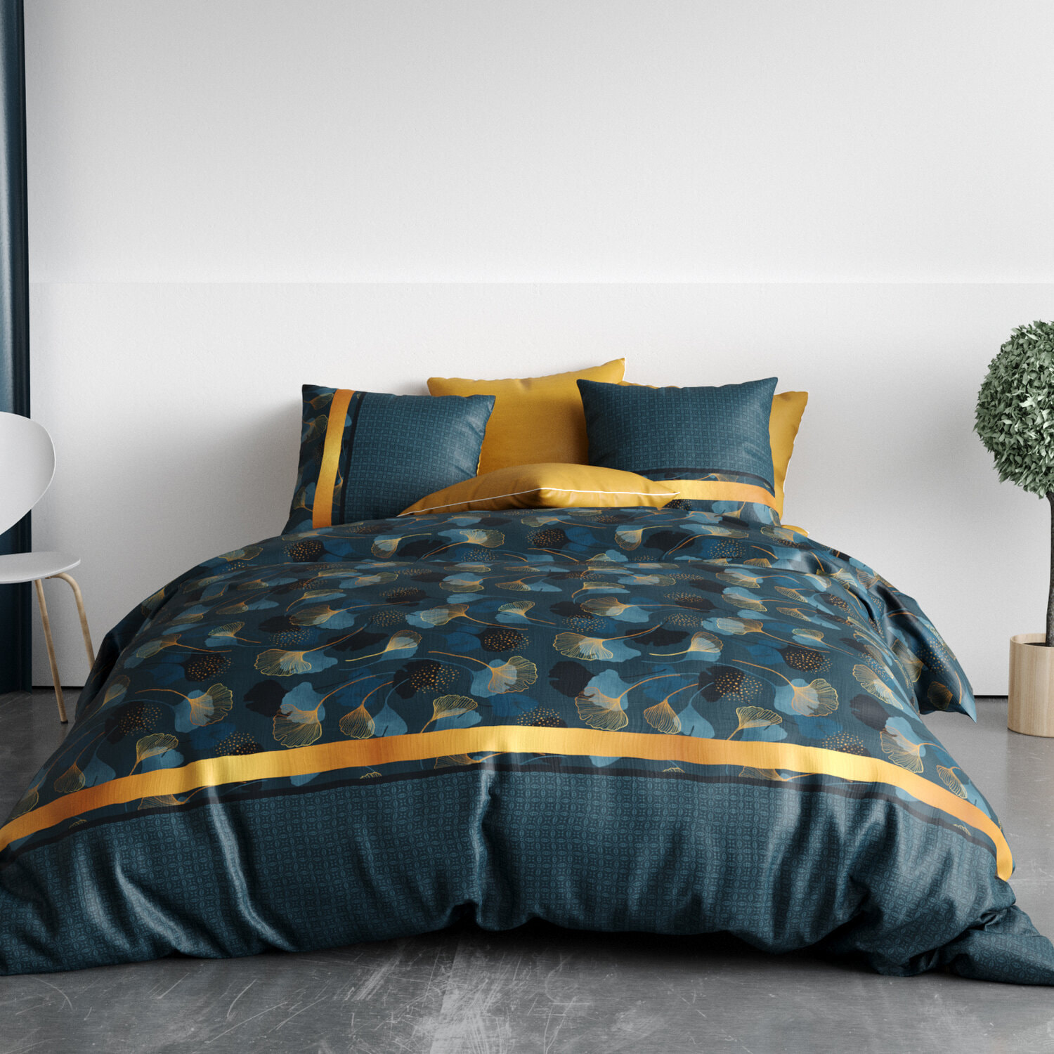 Parure housse de couette imprimé 100% coton - ginko - jaune