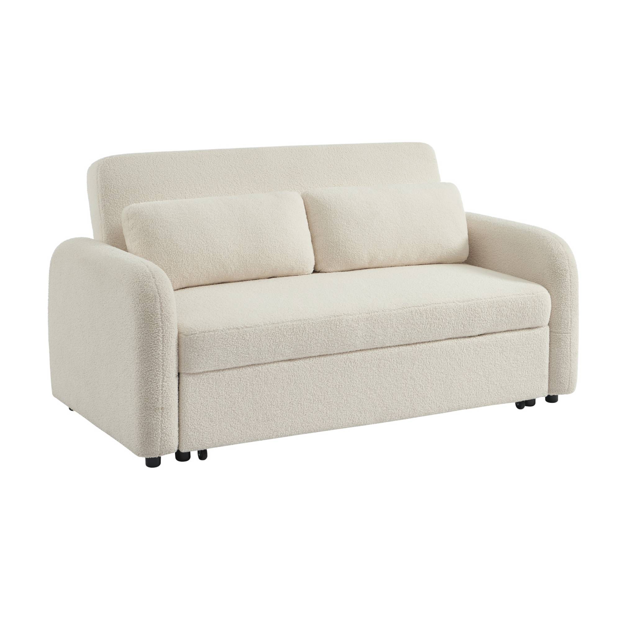 Canapé convertible arrondi 2 places bouclette crème L 170 x P 90 x H 88cm - Lino