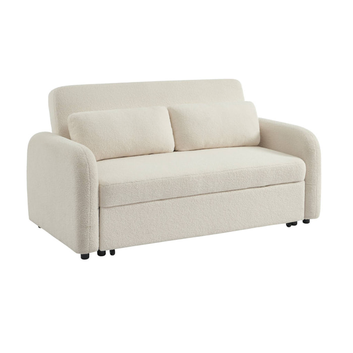 Canapé convertible arrondi 2 places bouclette crème L 170 x P 90 x H 88cm - Lino
