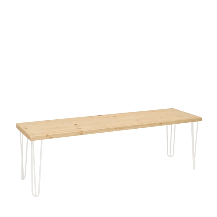 Banc en bois massif de ton naturel et pieds en fer blanc de différentes tailles.