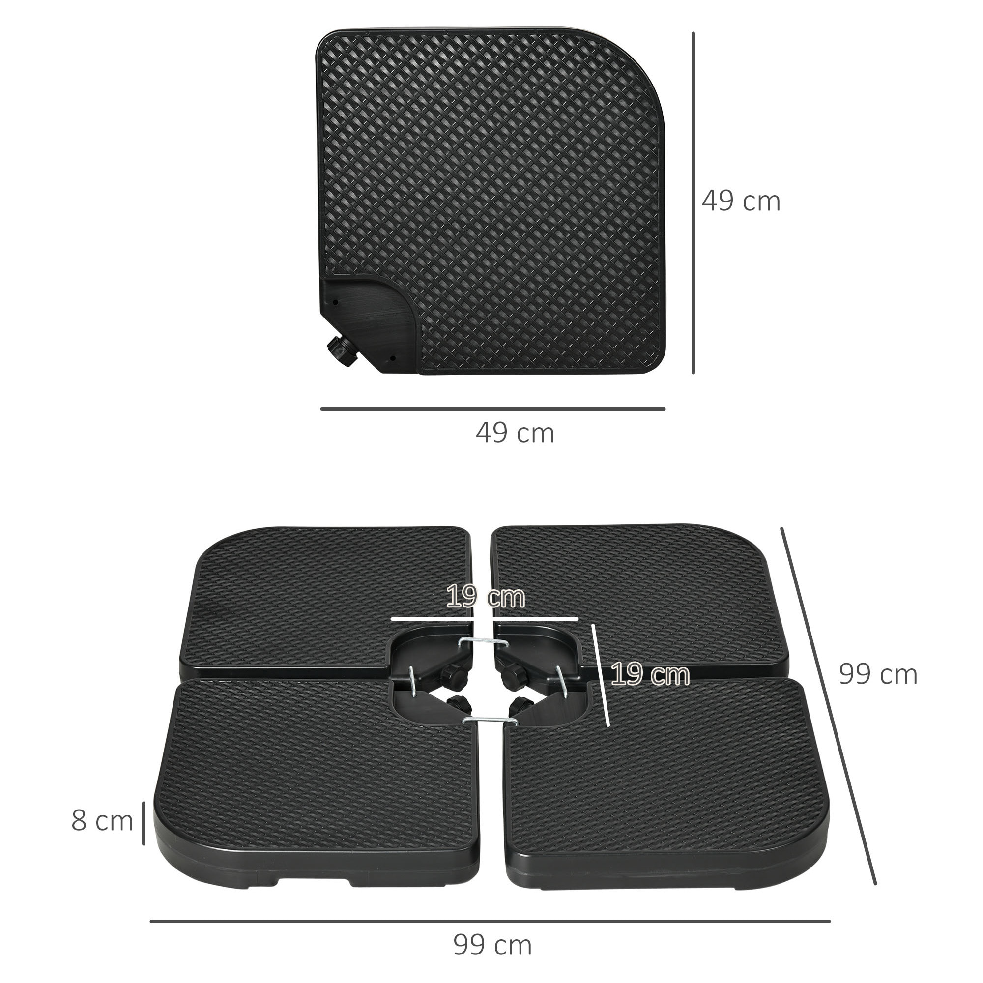 Base para Sombrilla de 4 Piezas, Soporte para Parasol de HDPE Rellenable con Agua 59 kg o Arena 80 kg, para Jardín, Patio, Terraza, Negro