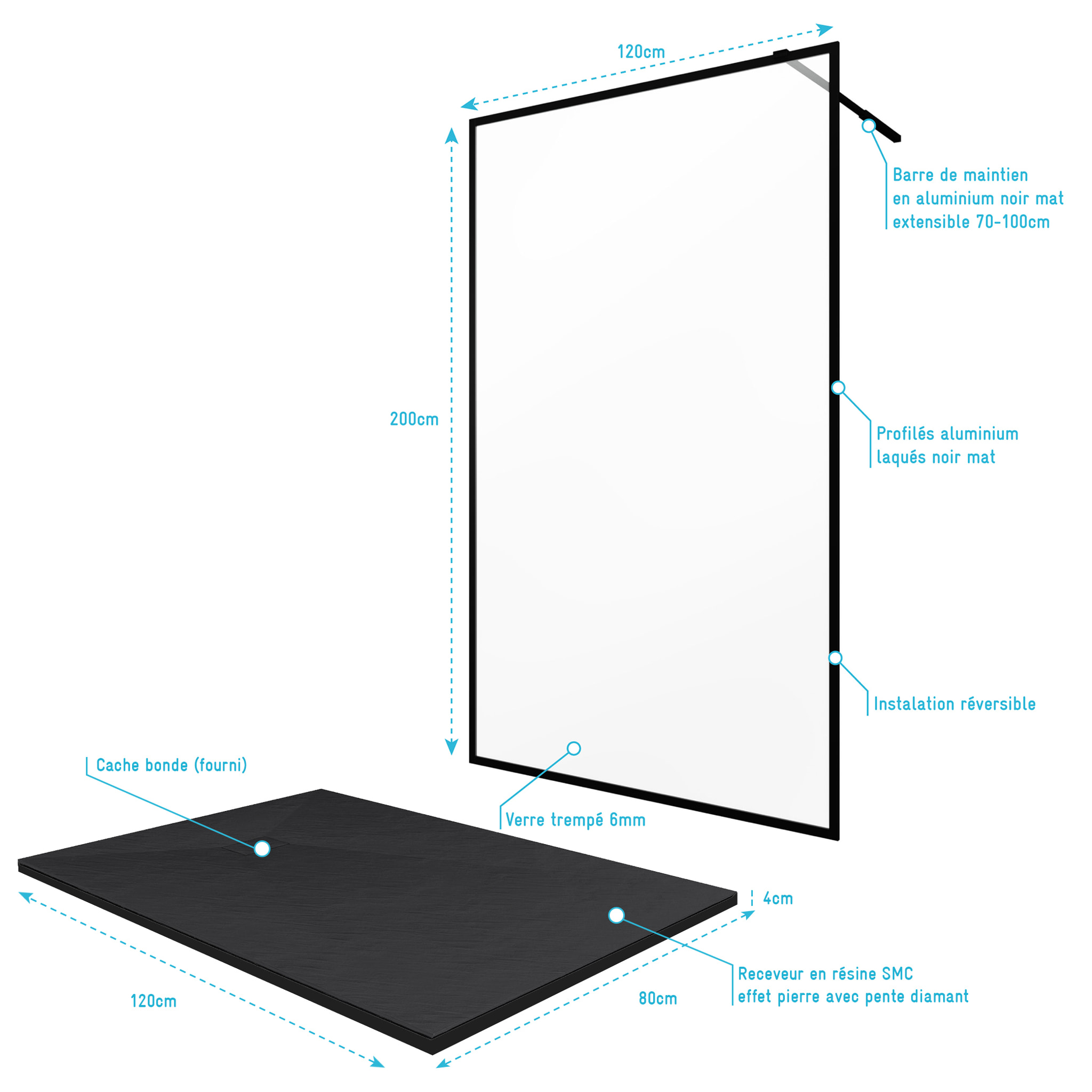 Paroi de douche 120x200cm + receveur a poser 120x80cm - cadre et barre noir mat - CONTOURING 120