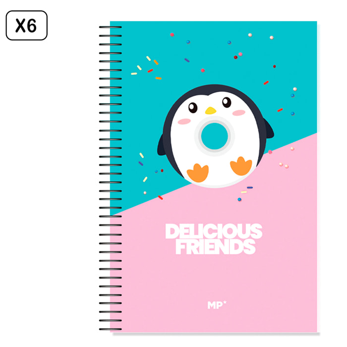 PACK 6 UNITÀ QUADERNO A CERNIERA Fº 80 FOGLI 90 g/m² DESIGN DELICIOUS FRIENDS PINGUINO