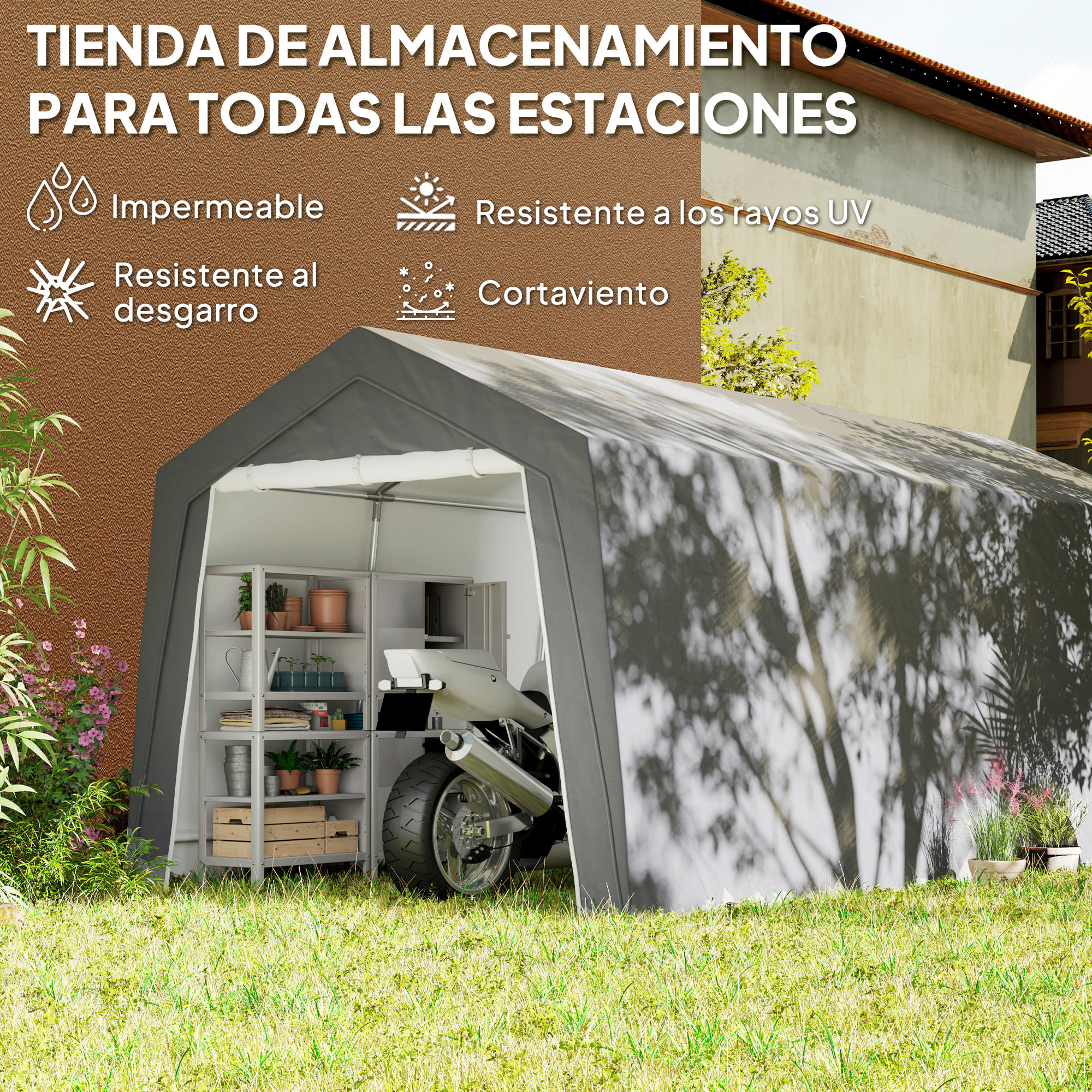 Cobertizo Jardín Exterior 300x597x257 cm Carpa con Puerta Enrollable con Cremallera Impermeable Tienda de Almacenamiento en Garaje Exterior para Motos Bicicletas Herramientas de Jardín Gris