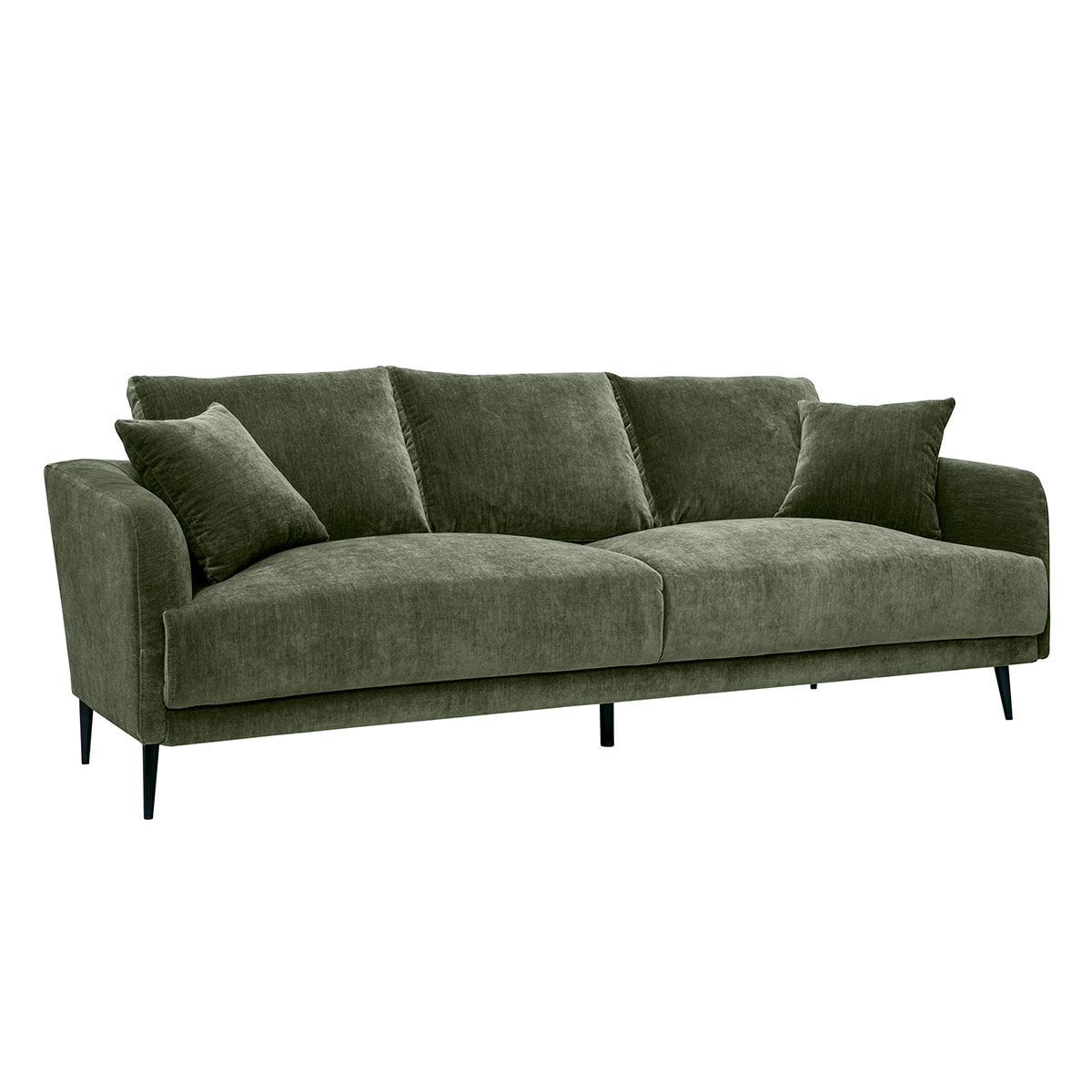 Canapé design 3 places en tissu effet velours vert kaki et métal noir JERRY