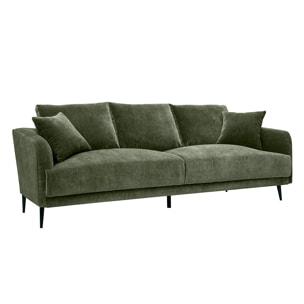 Canapé design 3 places en tissu effet velours vert kaki et métal noir JERRY