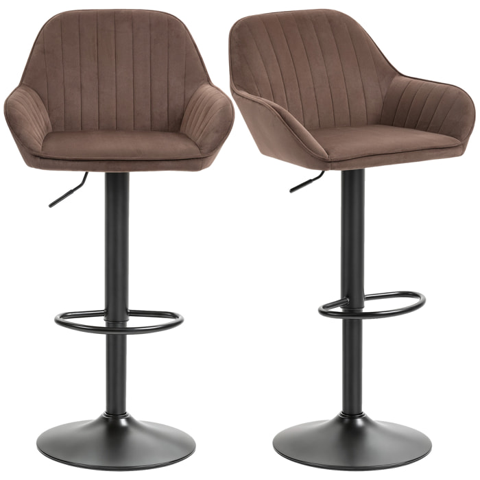 Juego de 2 Taburetes de Bar Giratorios, Taburetes Altos de Cocina con Altura Ajustable 62-83 cm, Sillas Altas de Cocina, Tapizada en Terciopelo, Respaldo y Reposapiés, Marrón