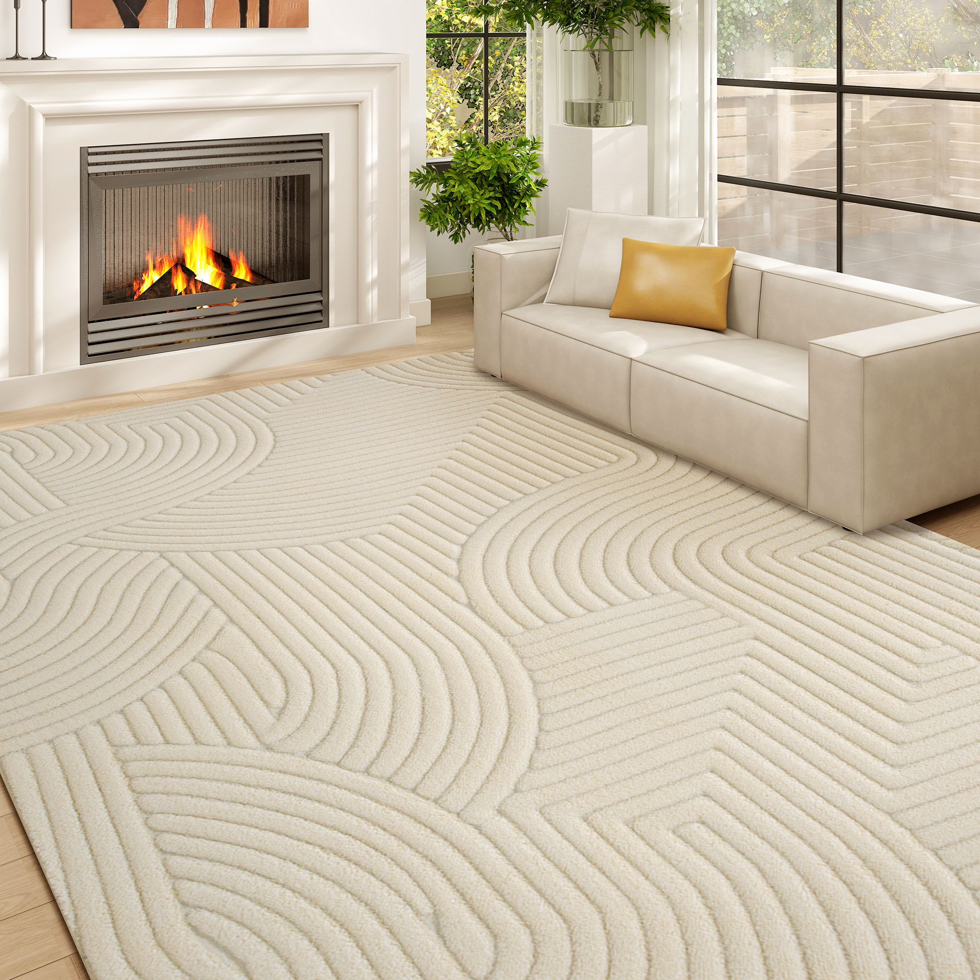 Alfombra Salón 160x120 cm Alfombra Pelo Corto Estilo Moderno Base Antideslizante Tejida a Máquina Tapete para Sala de Estar Dormitorio Comedor Crema