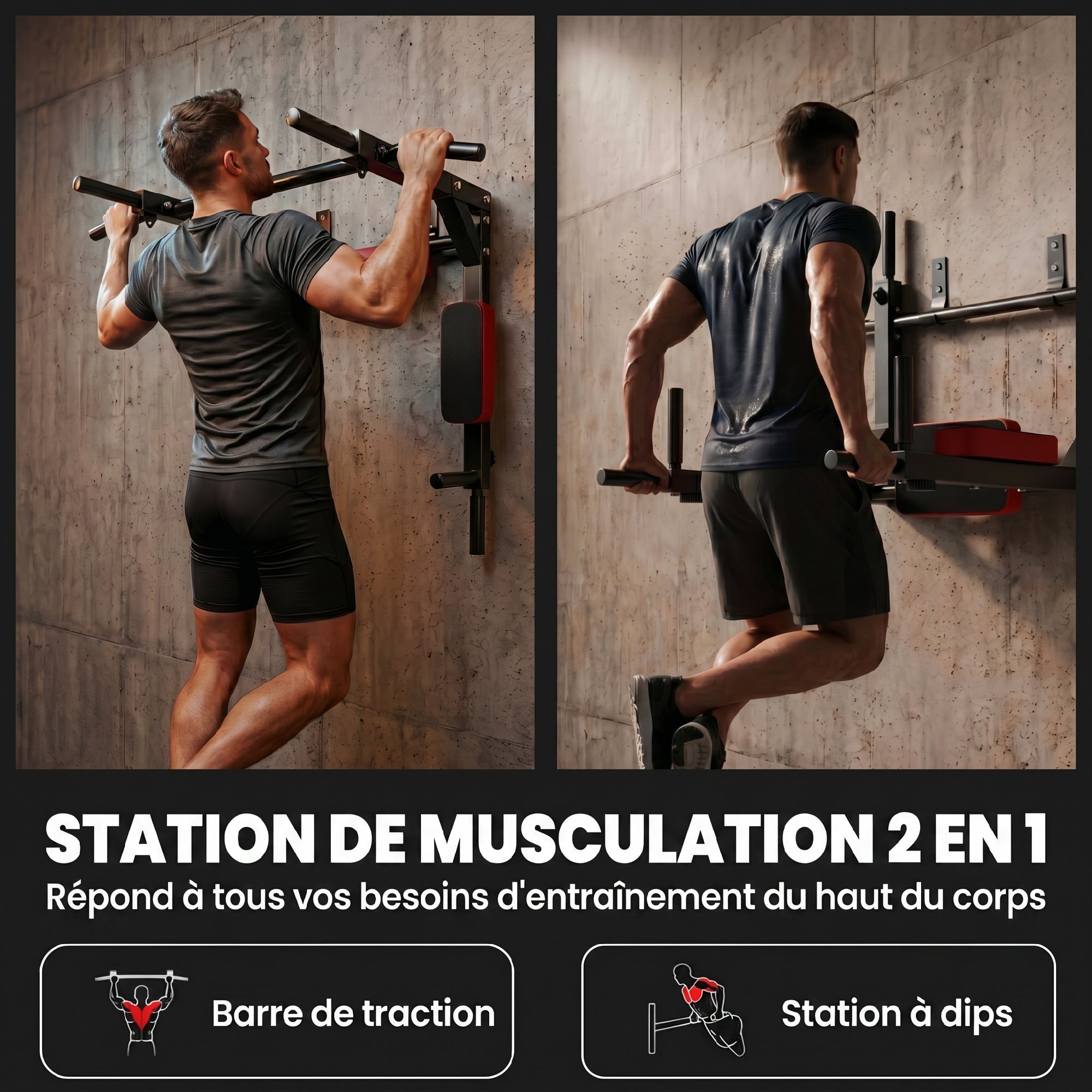 Barre de traction murale dip station 2 en 1 max. 200 Kg acier rouge noir