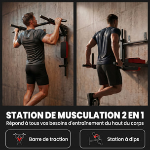 Barre de traction murale dip station 2 en 1 max. 200 Kg acier rouge noir