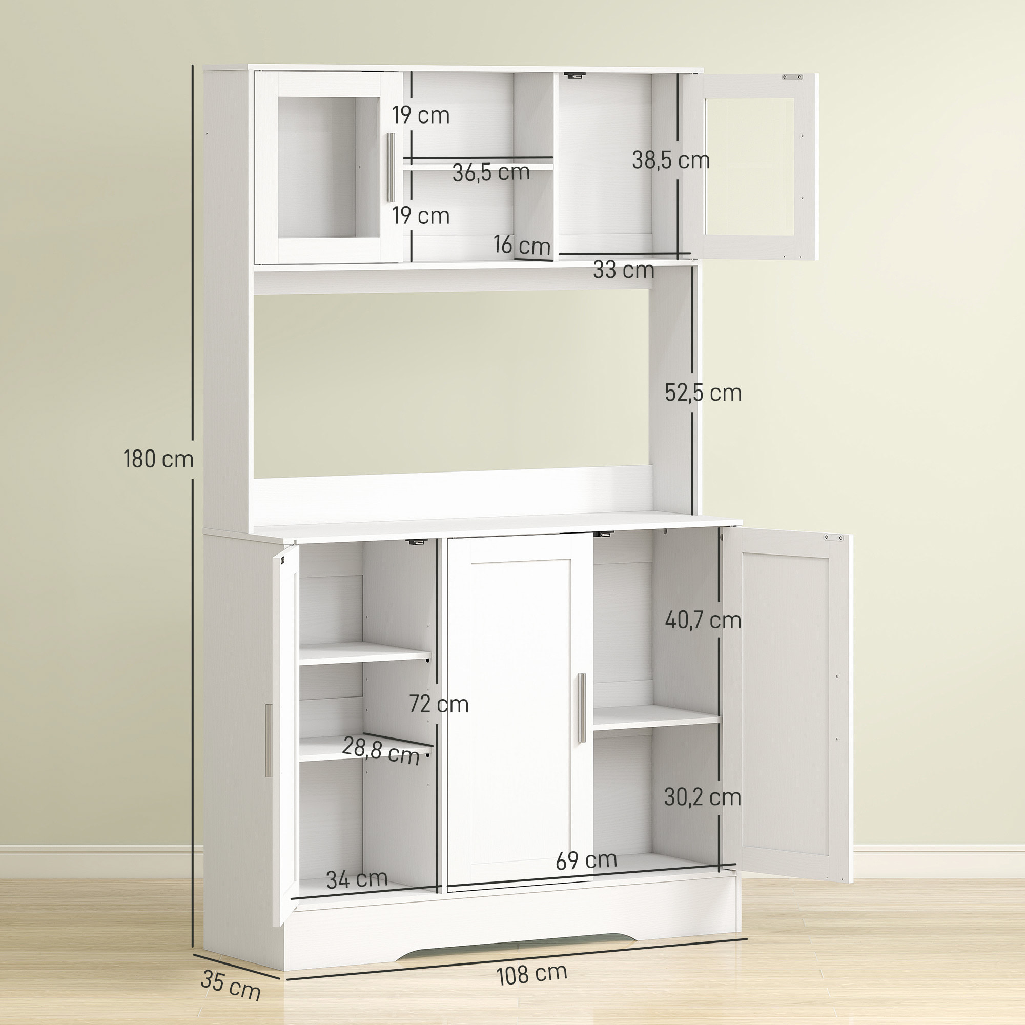 Alacena de Cocina, Mueble Auxiliar de Cocina con 2 Puertas de Vidrio, Encimera Amplia para Microondas, Compartimentos Abiertos, Estantes Ajustables, 108x35x180 cm, Blanco