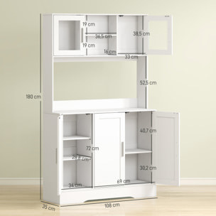 Alacena de Cocina, Mueble Auxiliar de Cocina con 2 Puertas de Vidrio, Encimera Amplia para Microondas, Compartimentos Abiertos, Estantes Ajustables, 108x35x180 cm, Blanco