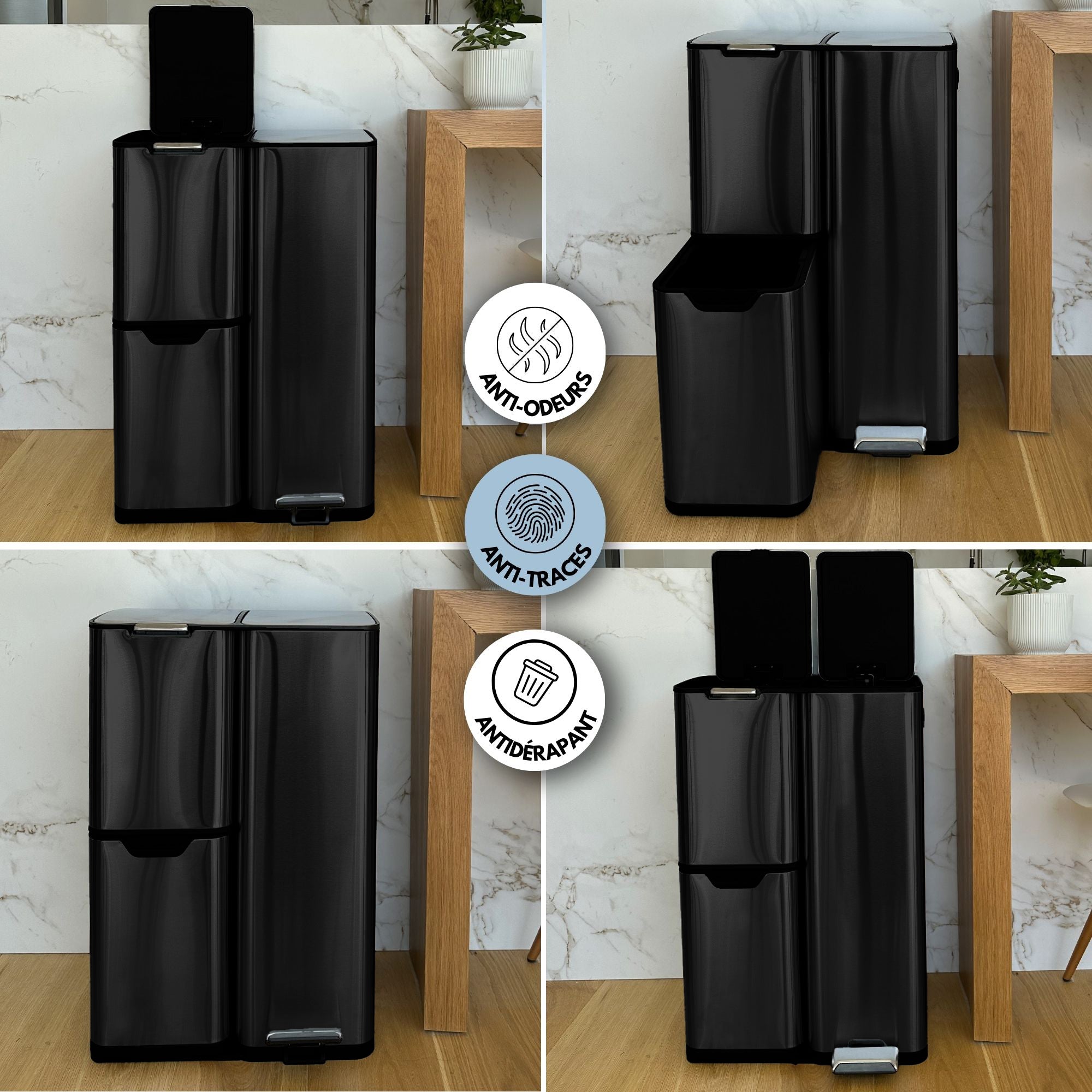 Poubelle de tri inox HAJA 60L 3bacs