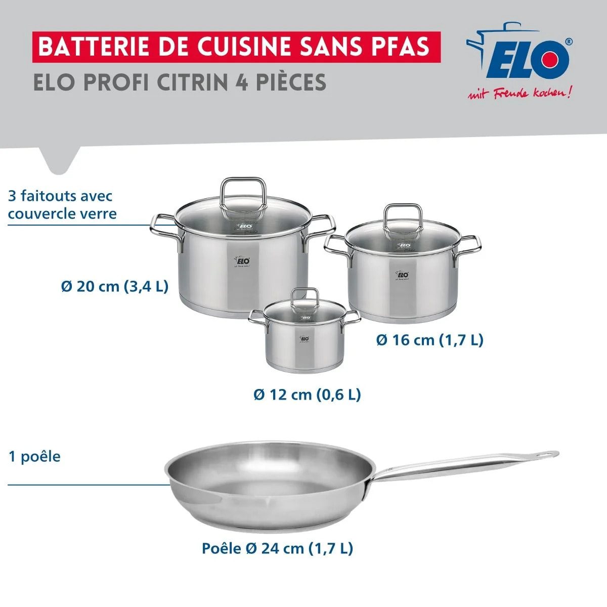 Ensemble de 1 Poêle de cuisson 24 cm et 3 faitouts 12, 16 et 20 cm Elo Profi Citrin
