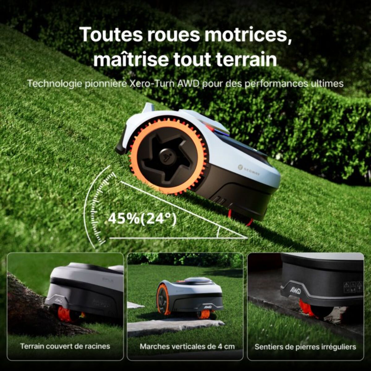 Robot tondeuse NAVIMOW i208 AWD - sans fil périphérique ni antenne, 3 roues motrices, pentes 45%, cartographie auto, 800m²