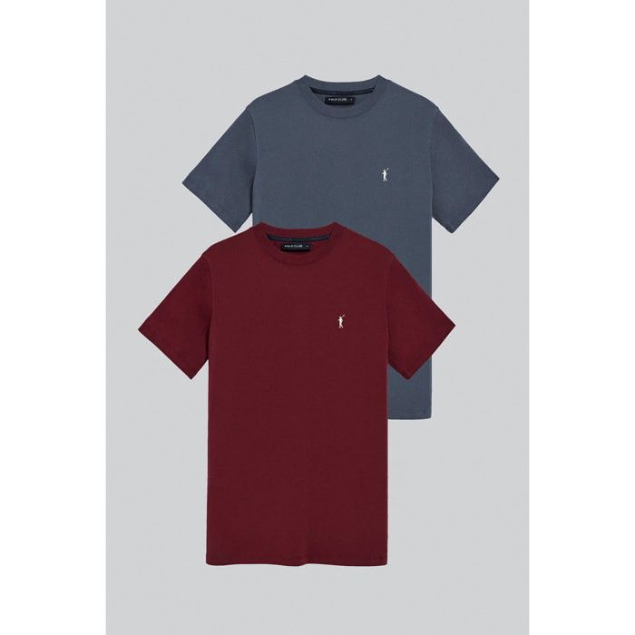 Pack di due magliette in granato e blu a girocollo e logo Rigby Go ricamato