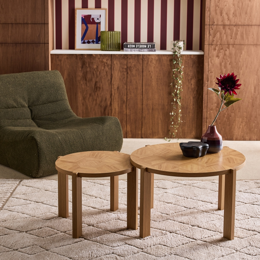 Tables gigognes vintage rondes plateau effet chevrons  ZALA