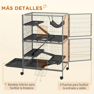 Jaula para Animales Pequeños de 4 Niveles Parque para Mascotas con Ruedas Rampas Hamaca Colgante y Bandeja Extraíble Recinto para Conejos Chinchillas Hurones 80x52x128 cm Gris