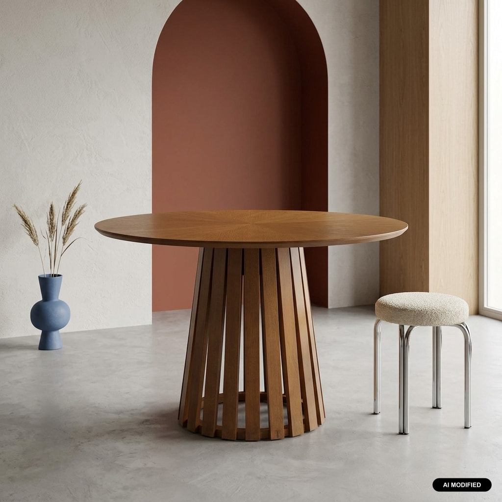 Table à manger ronde bois d'hévéa placage chêne 4 places ANGÈLE