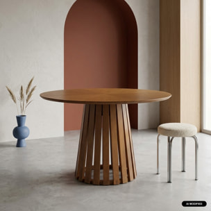 Table à manger ronde bois d'hévéa placage chêne 4 places ANGÈLE