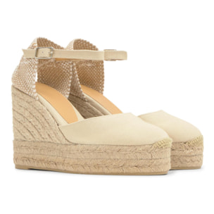 Alpargata de cuña 8 cm en lona de algodón con talonera trenzada y pulsera al tobillo