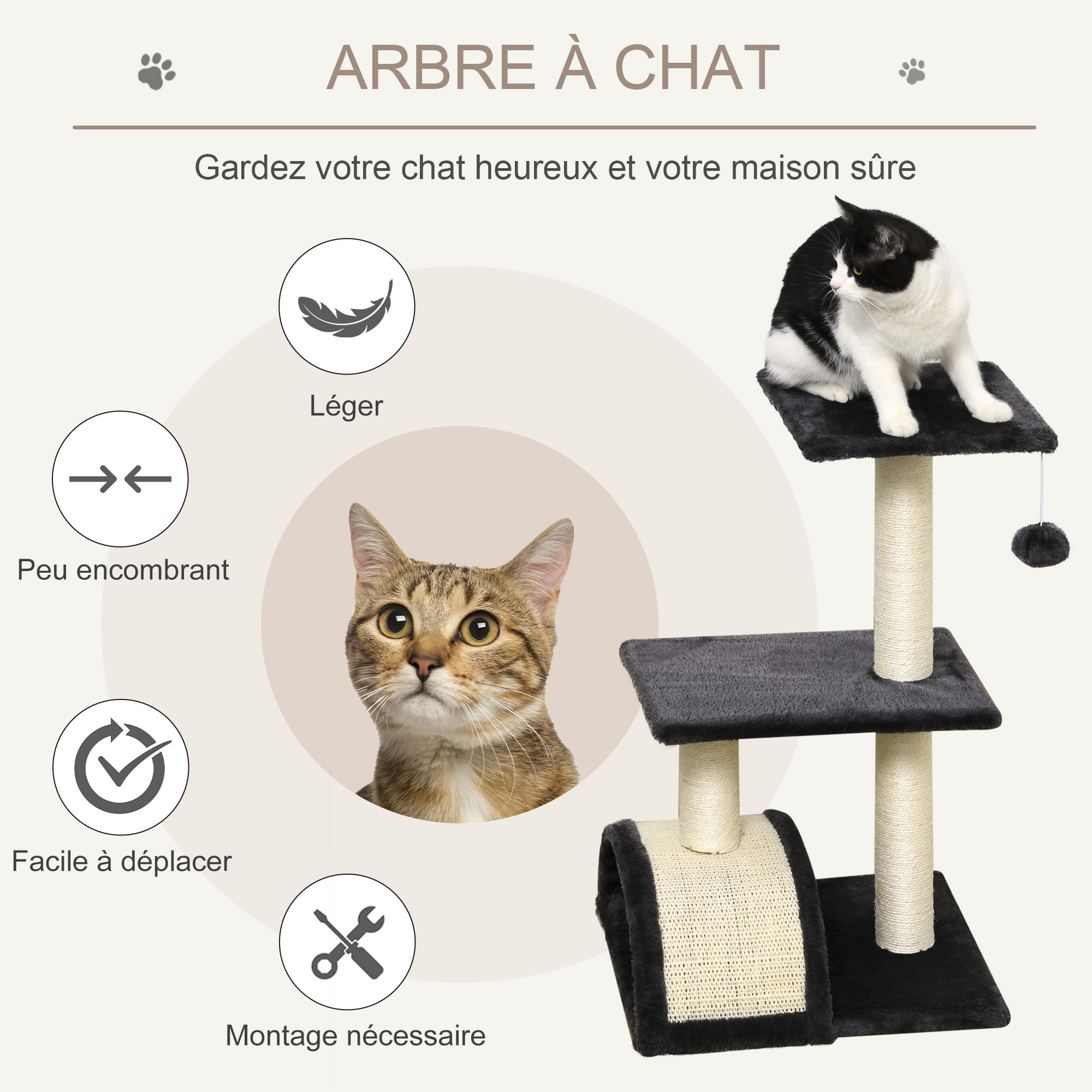 Arbre à chat griffoir grattoir design jeu boule suspendue 2 plateformes peluche sisal naturel gris