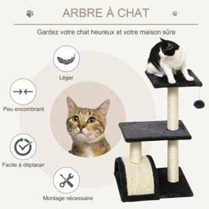 Arbre à chat griffoir grattoir design jeu boule suspendue 2 plateformes peluche sisal naturel gris