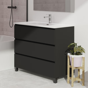 Ensemble De Salle De Bain Wink | 100 Cm Noir Mat | 3 Tiroirs | Vasque Ceramique | N'Inclut Pas Miroir | Mueble Montado | Alday