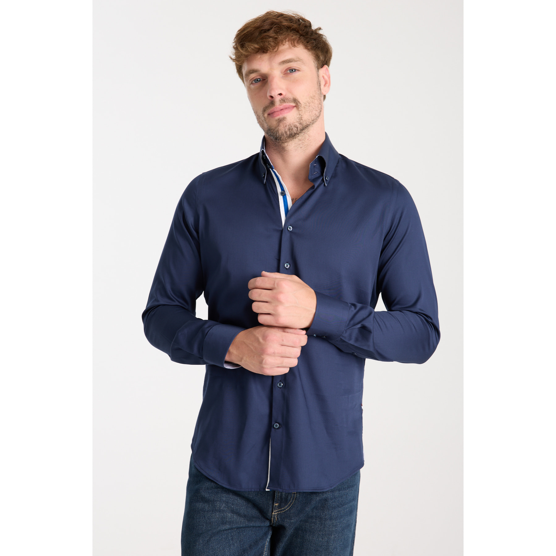 Camicia Uomo 2 Bottoni Button Down Slim Satin Unito Blu