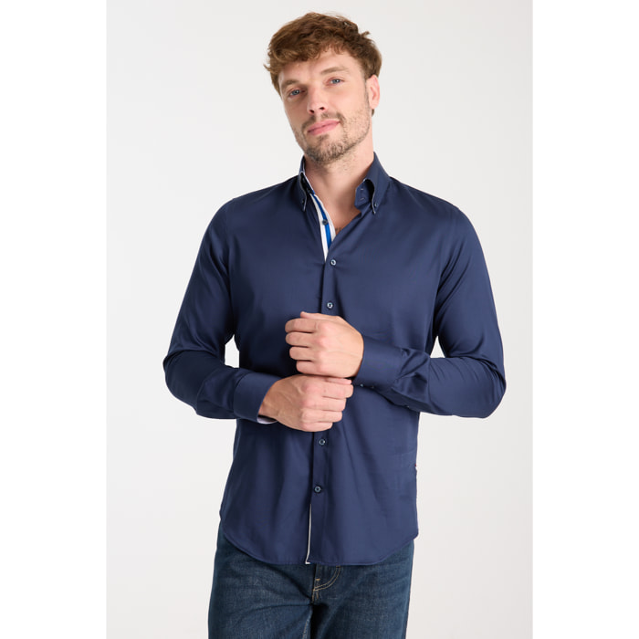 Camicia Uomo 2 Bottoni Button Down Slim Satin Unito Blu