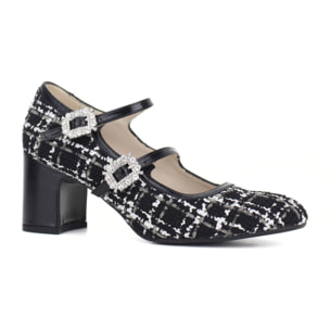 Salón estilo Mary Jane de tejido tipo tweed en negro. Tacón de 5 cm