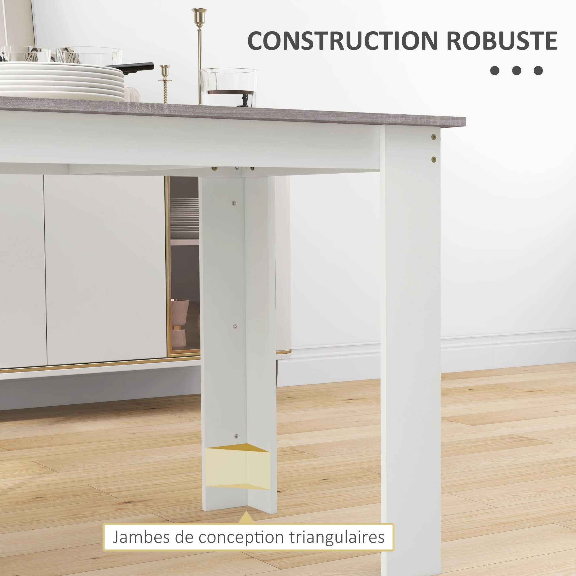 Table à manger grand plateau 4-6 personnes - dim. 120L x 69l x 75H cm - aspect bois gris blanc