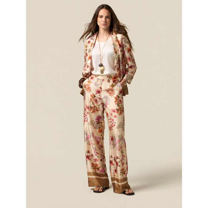 Oltre - Pantalones palazzo de satén estampado - Beige
