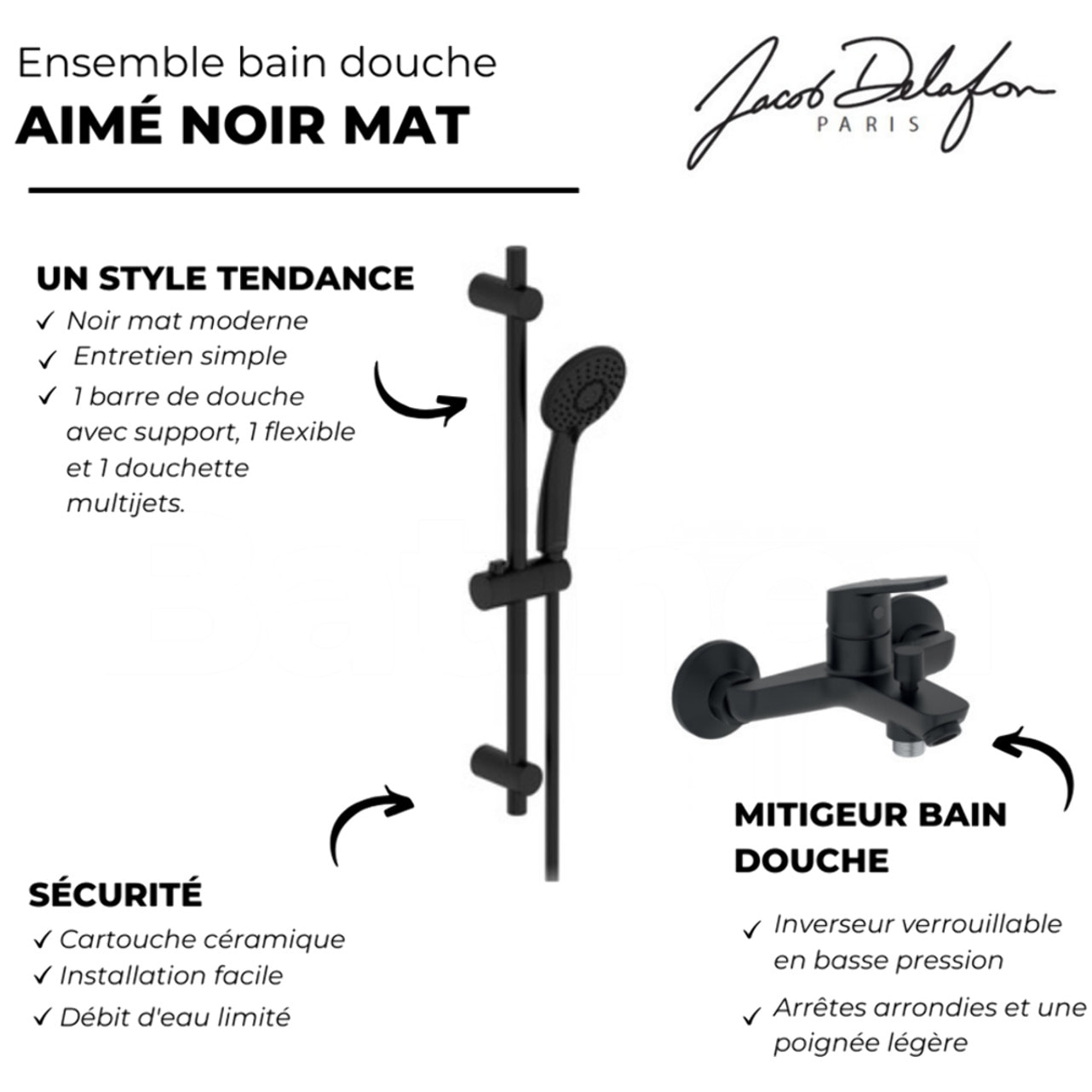 Pack pommeau douche 3 jets + mitigeur bain douche mural JACOB DELAFON Aimé noir + barre douche + flexible