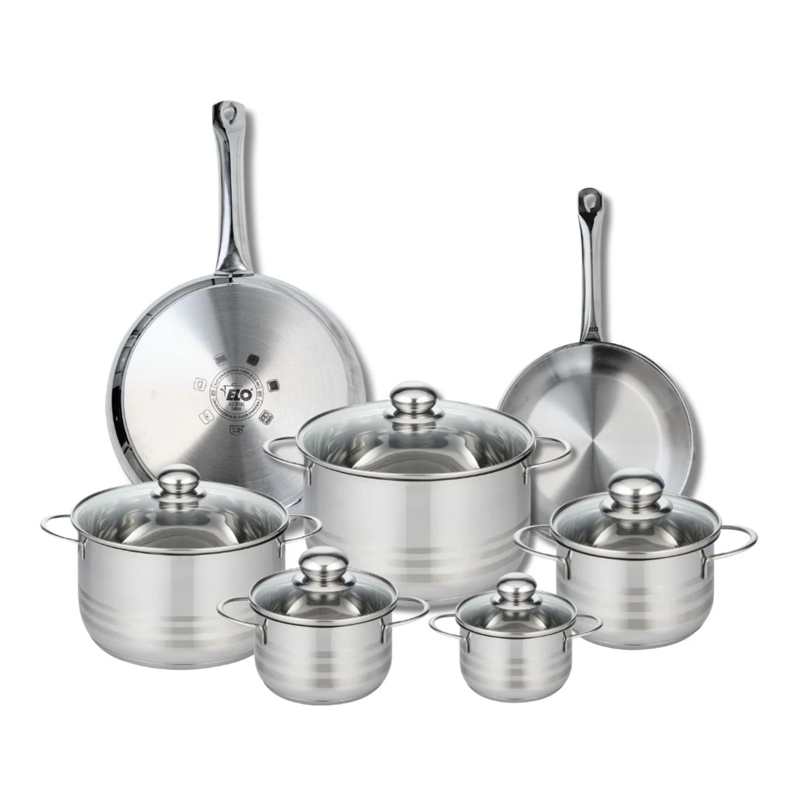 Ensemble de 2 Poêles de cuisson 24 et 28 cm et 5 faitouts 12, 14, 16, 20 et 24 cm Elo Profi Brillant