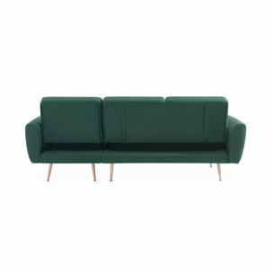 Canapé d'angle convertible. réversible 3 places. velours vert anglais. pieds fins or rose
