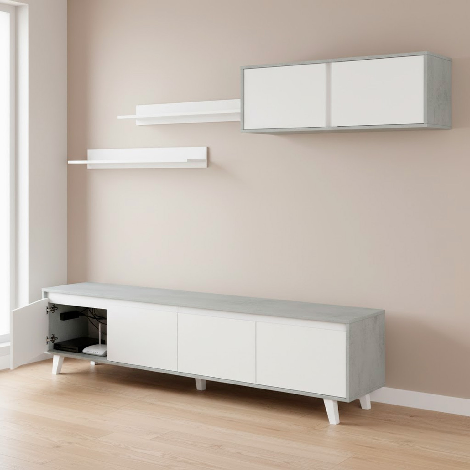 Parete Attrezzata Mobile Porta TV Con Pensile E Mensole Set Da Soggiorno Design Moderno Per Televisori Fino A 77” 200x41x50 Cm Bianco E Grigio Cemento