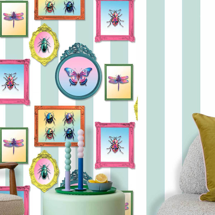 Papier peint cadres vintage insectes pop colorés