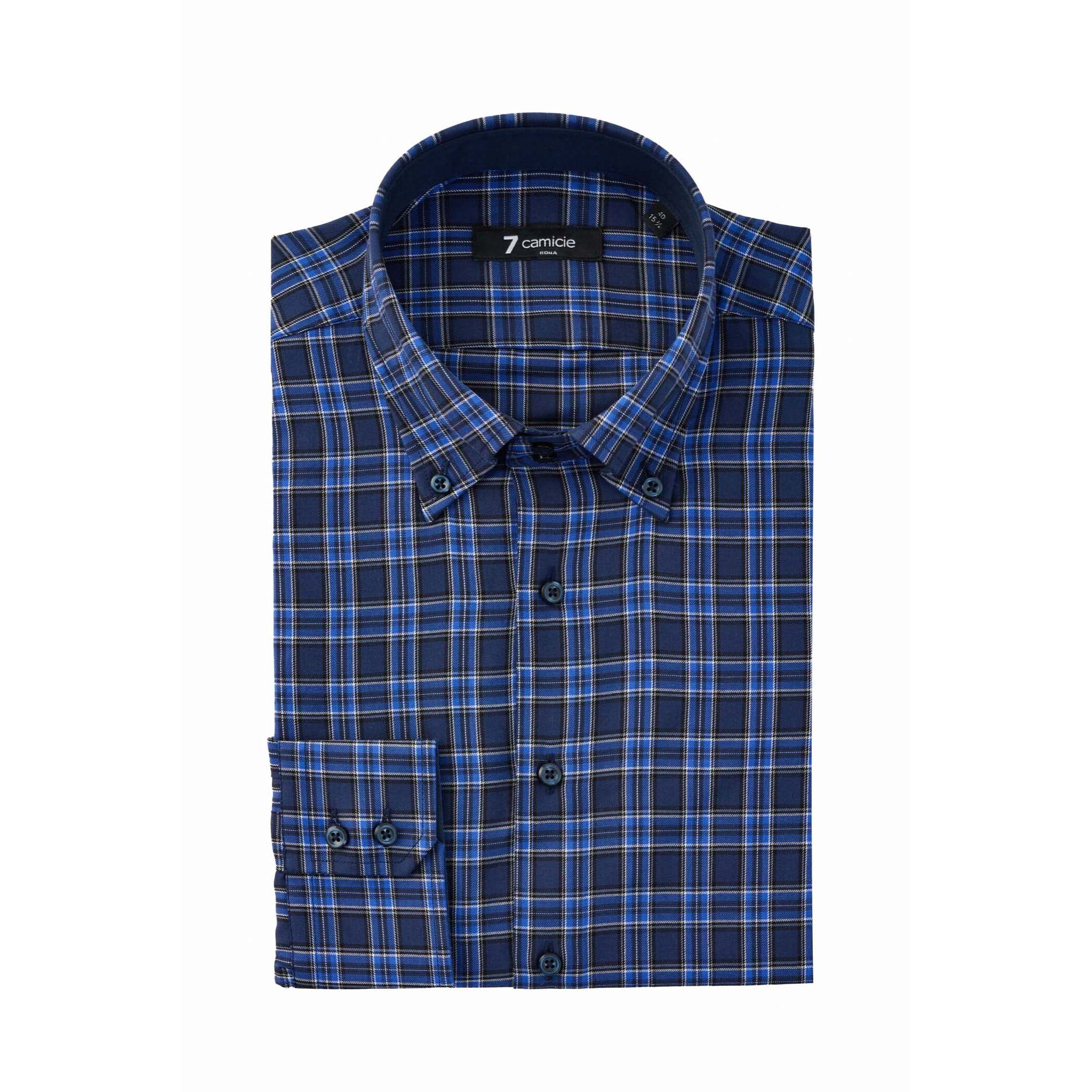Camicia Uomo 2 Bottoni Button Down Slim Twill Quadro Grande Blu e Melanzana