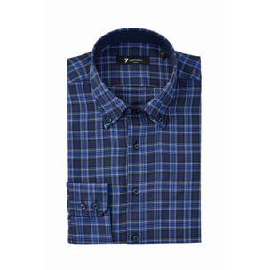 Camicia Uomo 2 Bottoni Button Down Slim Twill Quadro Grande Blu e Melanzana