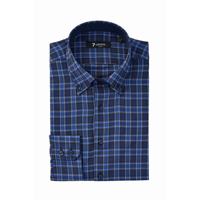 Camicia Uomo 2 Bottoni Button Down Slim Twill Quadro Grande Blu e Melanzana