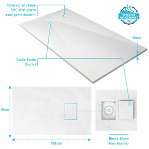 Receveur de douche 90x160x2.6 cm en SMC Finition Ardoise - Blanc Mat - ROCK 2 WHITE