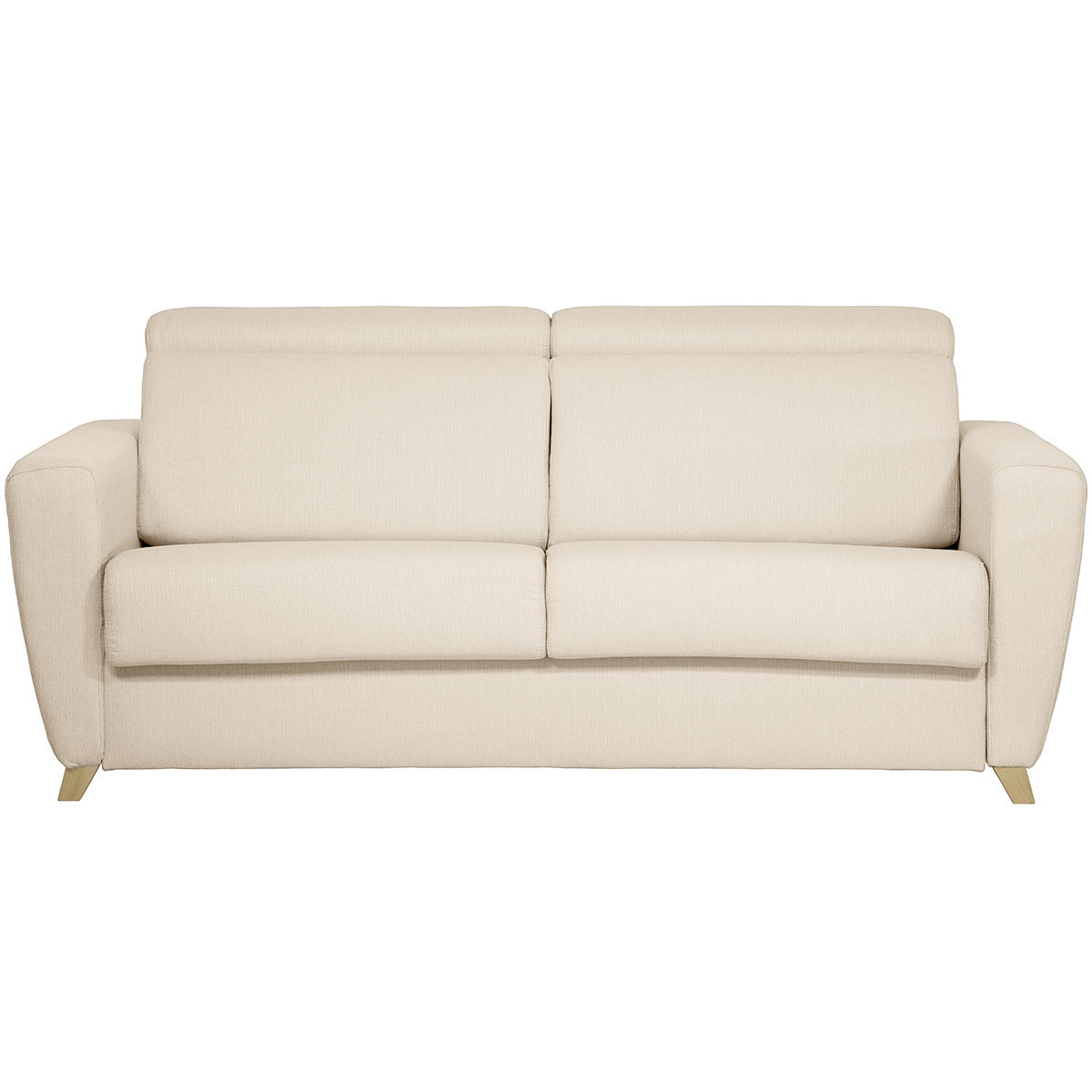 Canapé convertible avec têtières ajustables 3 places en tissu beige et bois clair avec matelas 13 cm GOYA