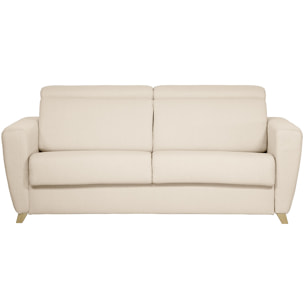 Canapé convertible avec têtières ajustables 3 places en tissu beige et bois clair avec matelas 13 cm GOYA