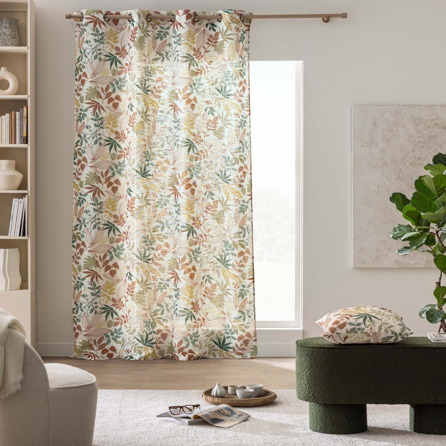 Rideau à œillets polylin imprimé feuilles tamisant - Orange