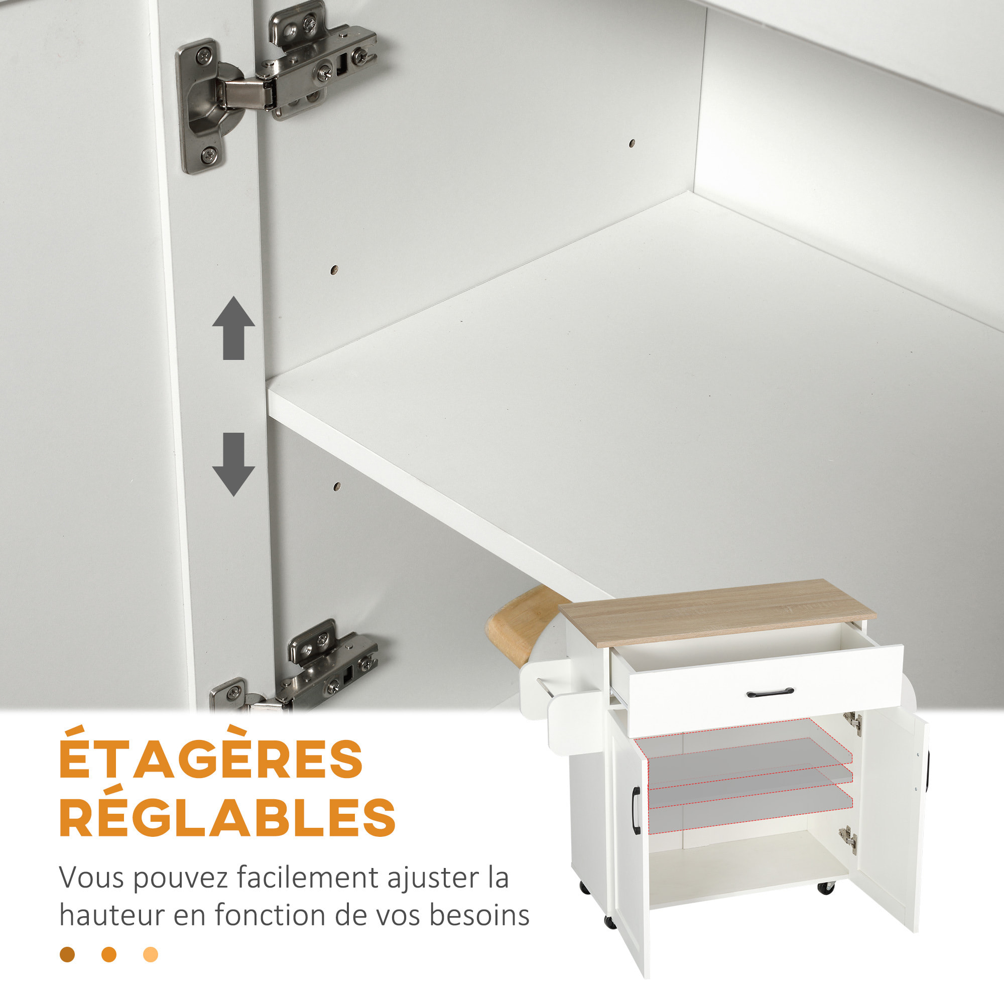 Desserte de cuisine 2 portes avec étagère tiroir coulissant porte-torchons étagère épices blanc aspect chêne clair