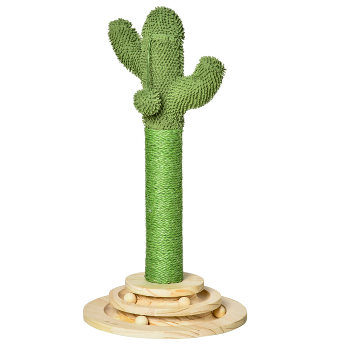 Griffoir chat design cactus - jouet pompon suspendu, jouet boules - bois de pin sisal vert