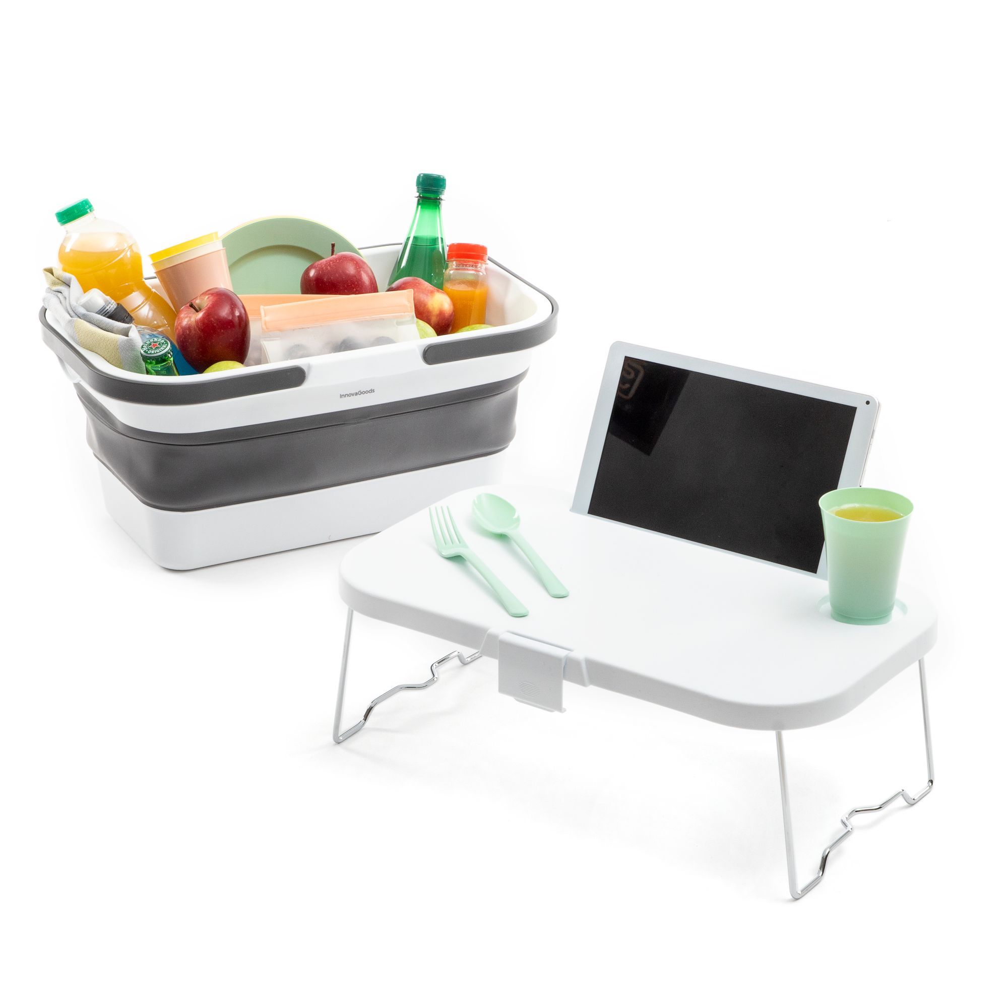 Cesta da picnic pieghevole con coperchio-tavolo Pickning - grigio e bianco - 16 L - 47,3 x 9-24,5 x